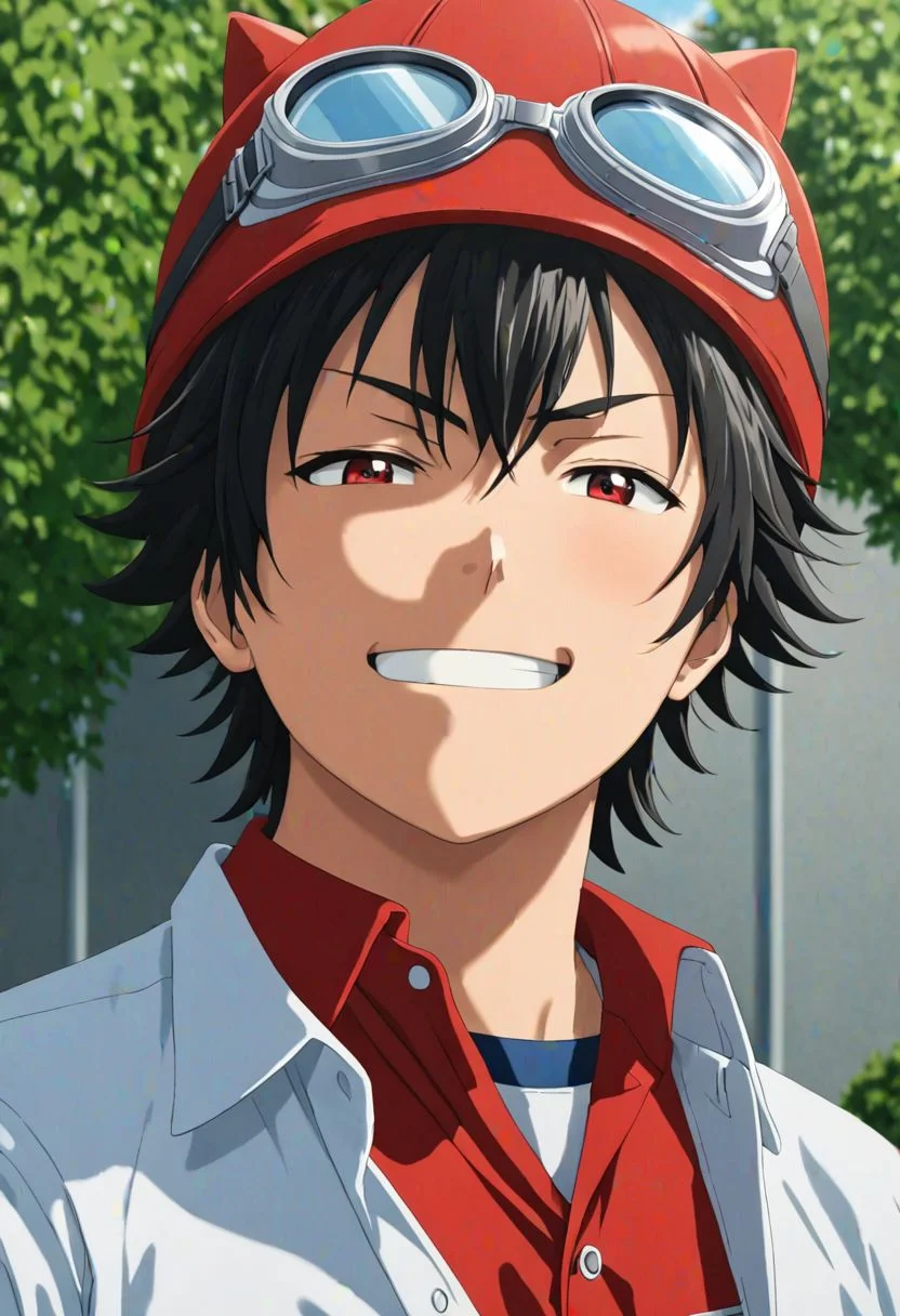 (4k), extremely detailed, hyper detailed, high resolution, professional photography, best quality, candid photo, 1boy, solo, male focus, easynegative, Yuusuke Fujisaki, Red Hat, Black Hair, school uniform, looking at viewer, candid photo, goggles, angry, smile