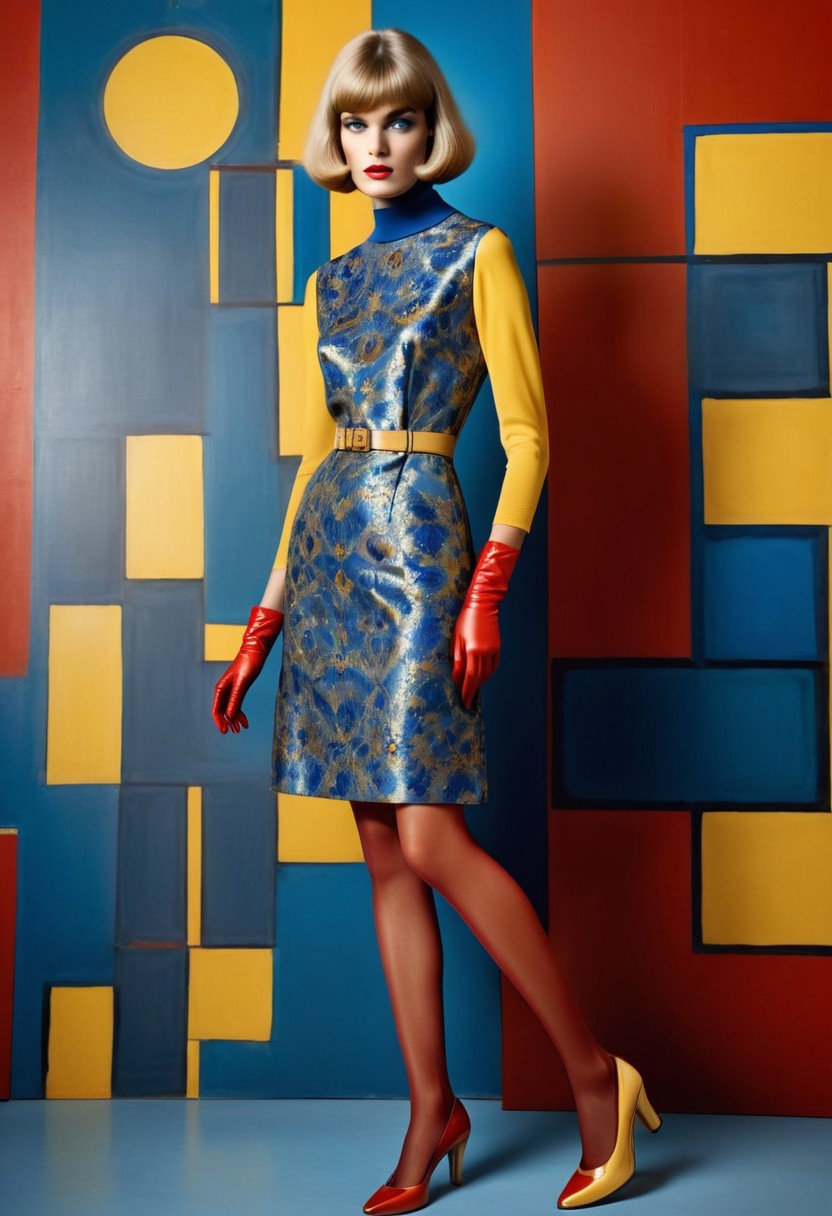 full body shot with shoes, A breathtaking fashion photograph portrait, capturing a 1960s Elle woman's magazine fashion shoot featuring a stunning high-end European gender-ambiguous model with short blonde french bob hair with bangs and (((detailed skin))), smoky makeup, blue sheer shiny pantyhose, yellow high heels. The scene is set against a vibrant, (((Kodak Porta 600-inspired backdrop))), with intricate, hand-drawn details that mirror those of artist wassily kandinsky. A luxurious, hand-painted, realistic Kandinsky dress in shades of (((bright red and yellow, blue))), red gloves, fcNeg, epiCPhotoGasm-colorfulPhoto, dvr-tldr, fixhand