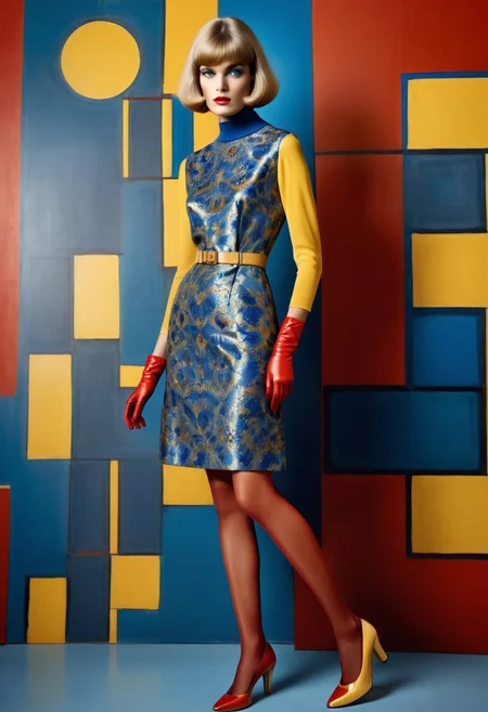 full body shot with shoes, A breathtaking fashion photograph portrait, capturing a 1960s Elle woman's magazine fashion shoot featuring a stunning high-end European gender-ambiguous model with short blonde french bob hair with bangs and (((detailed skin))), smoky makeup, blue sheer shiny pantyhose, yellow high heels. The scene is set against a vibrant, (((Kodak Porta 600-inspired backdrop))), with intricate, hand-drawn details that mirror those of artist wassily kandinsky. A luxurious, hand-painted, realistic Kandinsky dress in shades of (((bright red and yellow, blue))), red gloves, fcNeg, epiCPhotoGasm-colorfulPhoto, dvr-tldr, fixhand