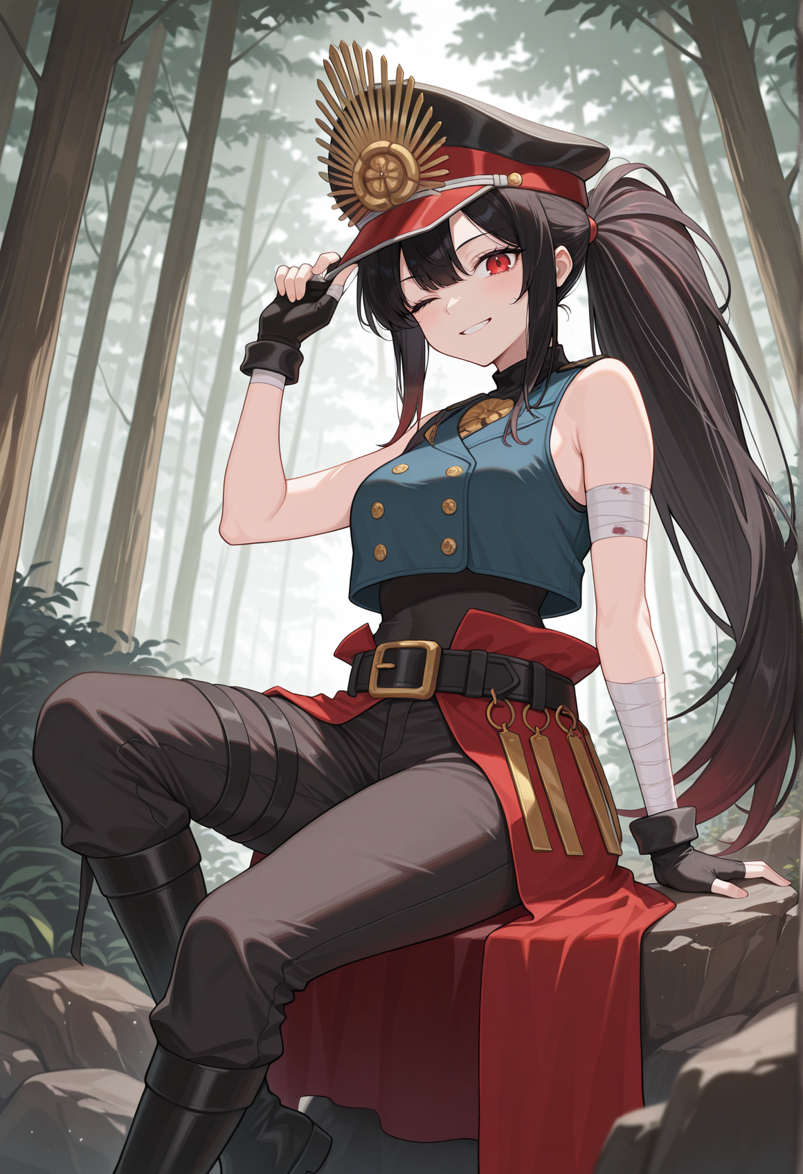 1girl, long hair, ponytail, black hair, red eyes, peaked cap, vest, waist cape, belt, pants, fingerless gloves, bandaged arm, outdoors, forest, sitting, rock, hand on hat, wink <lora:nobunaga_illus:1>, masterpiece, best quality, amazing quality, very aesthetic, absurdres, highres, newest
