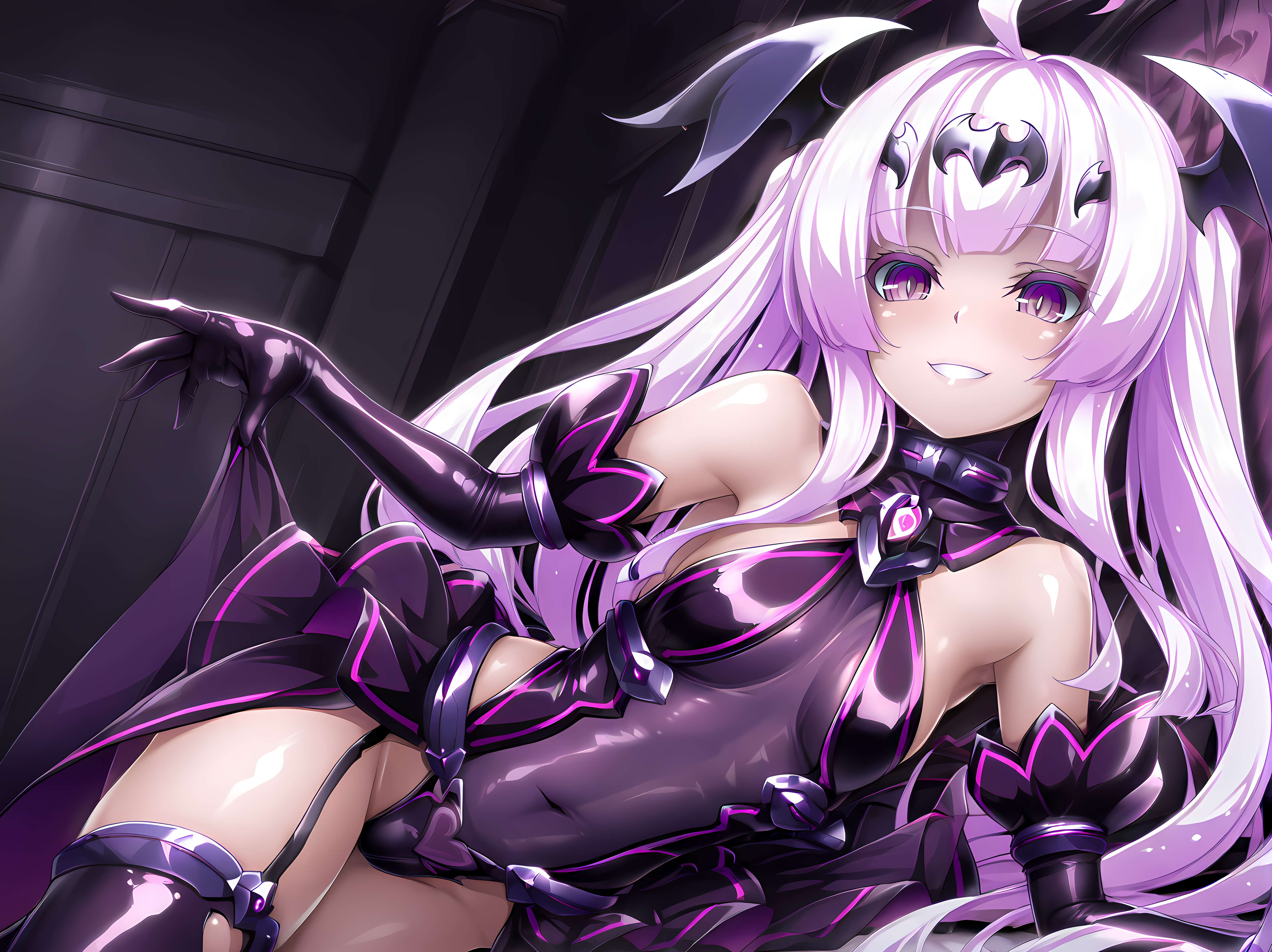 <lora:Yuri_Amakubo_-_Exstia_Illustrious:1>,lusterise,flora,dark persona,purple eyes,very long hair,cowboy shot,smile,breasts,indoors,small breasts,breasts,small breasts,grin,covered navel,showgirl skirt,thighhighs,elbow gloves,garter straps,1girl,lying,, masterpiece,best quality,amazing quality,