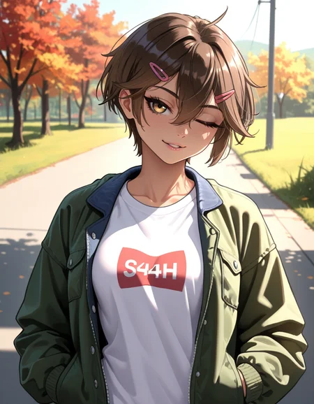 masterpiece, best quality, very aesthetic, absurdres,
outdoors,
upper body,
t-shirt, open jacket, hands in pockets,
seductive smile, parted lips, long eyelashes, one eye closed,
<lora:Sasha_v01_NAIXL:1>
S4sh4,1girl,solo,tomboy,short hair,brown hair,hairclip,hair between eyes,brown hair,bangs,