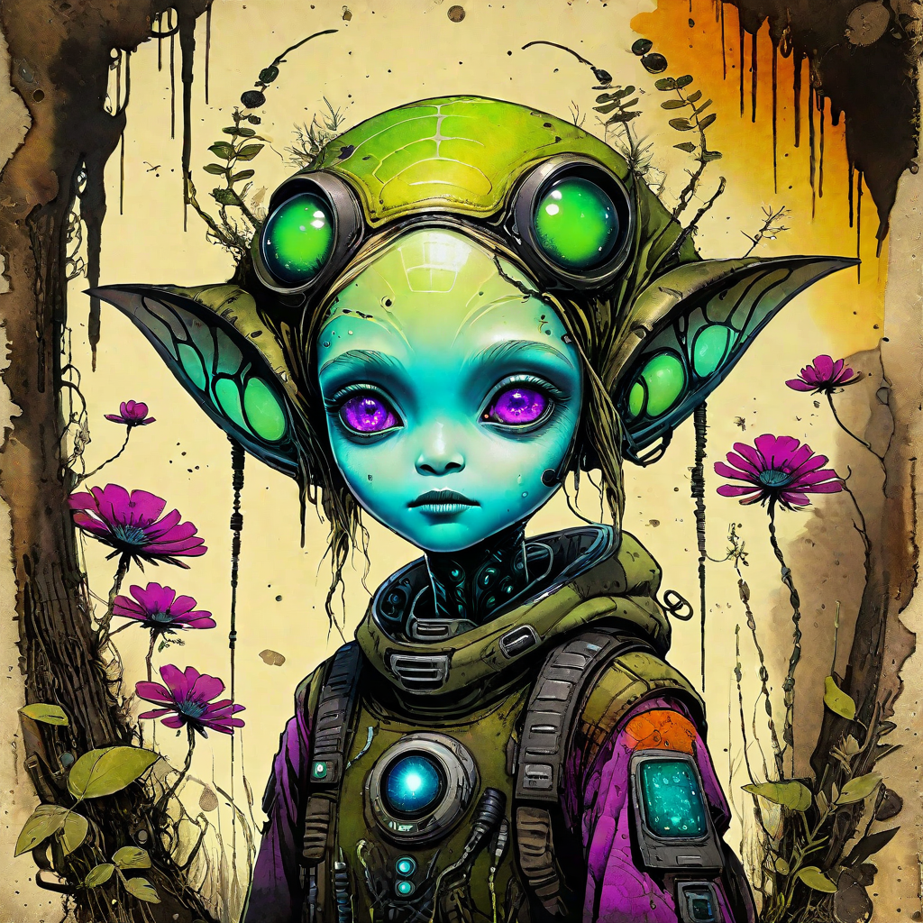 cheyenne, echelier, dpmpp2msde karras, alien female, Painted textures blending sci-fi and nature, Ink-wash meets digital glow, High-contrast ink shading, Patches of vibrant color on neutral tones, Rustic Sci-Fi Earthtones alien_wanderer, <lora:artfully_YOUNGALIEN_SDXL:0.8>,
