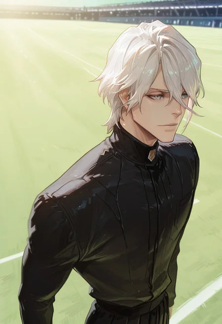 painterly, best quality, flat color, solo, best quality, white hair, soft smile, blue eyes, stylish, majestic, aizen_sousuke, looking away, wild hair cut, wild, ferocious, elegant, white tailored trousers, (black tailored shirt:1.4), long sleeves, (long bangs:1.5), turtleneck, man, (manly:1.5), (muscular:1.6), wolf cut, tall, soccer player, soccer field background, amazing quality, training arena background, intricate detail, highly detailed, newest, highres, 8K, HDR, absurdres, high quality, dynamic composition, best quality, vibrant colors, holographic colors, gradient colors, foreshortening, glamour shot