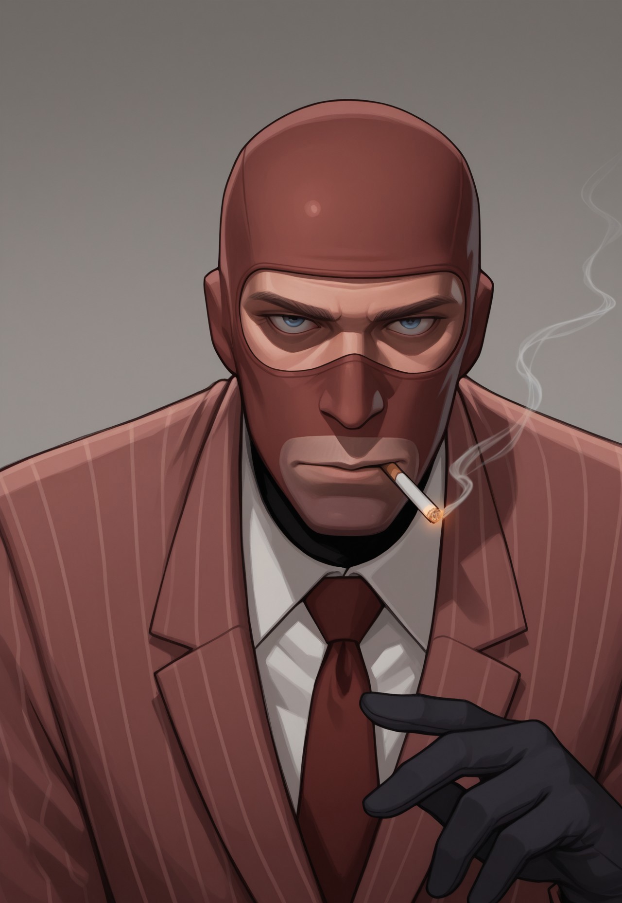 anime, masterpiece, best quality, detailed background, 8k, 1girl, solo, YiXi, spy (tf2), mature man, blue eyes, red ski mask, white shirt, red tie, pinstripe suit, red suit, black gloves, cigarette, smoking, emotionless, gray background, half body, face focus, close-up, turning to viewer, staring at viewer, no pose