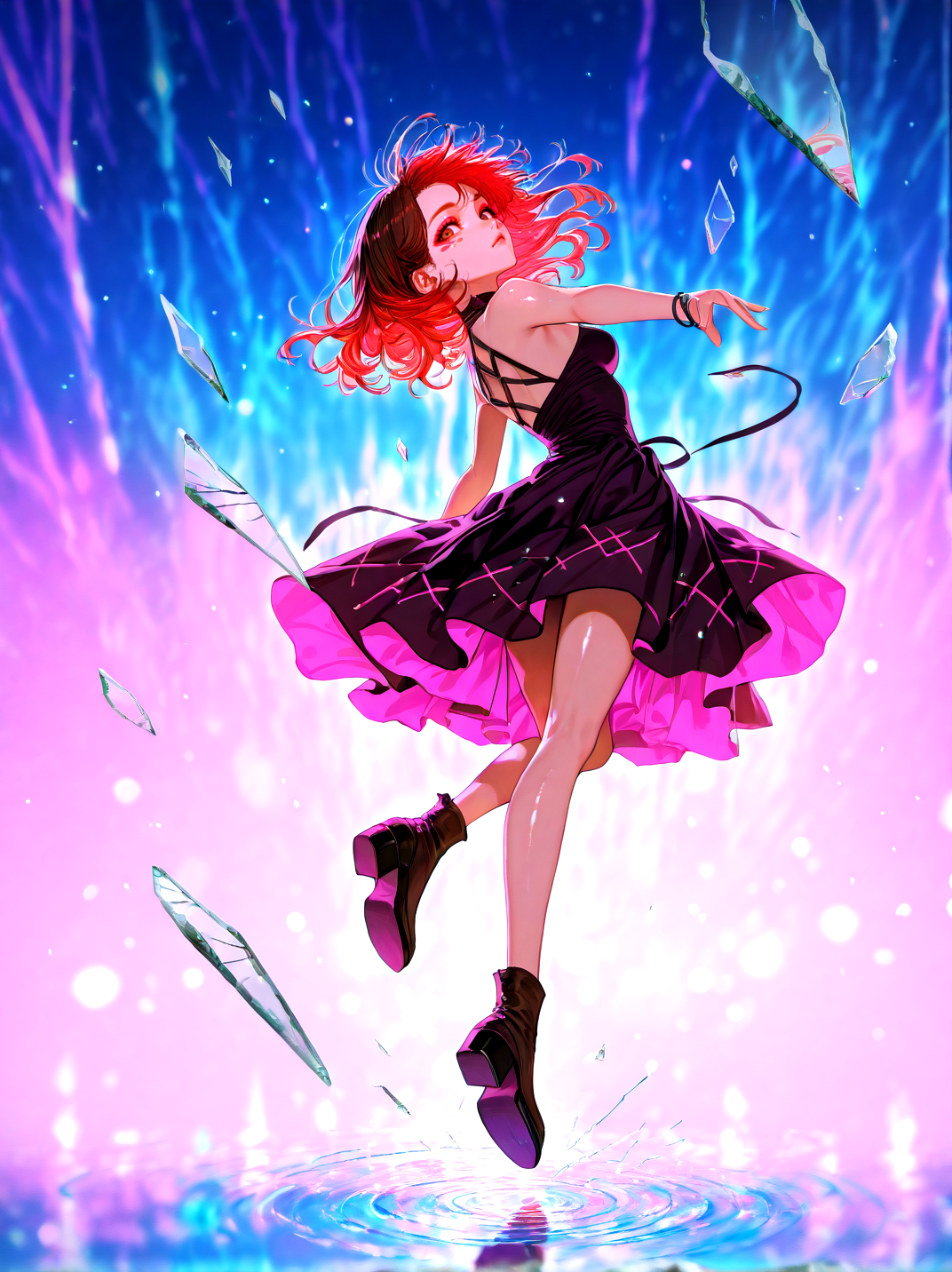 masterpiece,best quality,solo,(solo focus:1.4),(solo:1.2),1girl,(Full body Shot:1.1),detailed background,dramatic lighing,cinematic still,light skin , medium hair , multicolor hair , red hair , Multicolour iris, round shaped eyes , dark brown eyes , realistic eyes, detailed eyes , looking at viewer , from behind , medium breasts,pink eye makeup,pink eyeshadow,multicolor background,colorful,at night,clothing in wind,hair in wind,[magical girl, dress | goth, gothic dress],<lora:BrokenGlass_illusXL_Incrs_v1:1.2>,glass shards,reflection,broken glass,full body shot,jumping, freeze frame, mid air, jumping straight up ,ripples,galaxy,neon lights,film grain,particles,blurry background,bokeh background,stars,realistic,jewelry,featured on pixiv,<lora:ChamIllustriousBackgroundEnhancer:0.8>,<lora:UK shiny_skin1v_ILXL:0.7>,shiny skin,<lora:BLE(Illust)0.1v:1>,