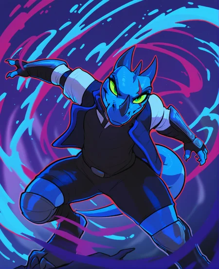 <lora:fortnitelsxl:0.86> fortnitelsxl, graphic novel, ink lined illustration, thick multicolored outline, aura, energy, multicolored background, <lora:kabsraptorxl:0.2>,  <lora:watchitxl:0.86>, watchitxl,  source_furry, solo, blue body, 1boy, solo, detailed scale texture, green eyes, raptor, lizard, slim, gauntlets, fingerless gloves, vest, wide hips, flat chest, curvy, lizard tail, realistic detailed skin, nose horn, horns, sharp teeth, scar over right eye, upper body, headshot, face focus, fangs,
score_9, score_8_up, score_7_up, ,  <lora:incase---1:0.3>, <lora:Manga_Action_Shot:0.5> action shot,  <lora:Perfect Hands:0.8> Perfect Hands, (four fingers),  <lora:add-detail-xl:1.5>