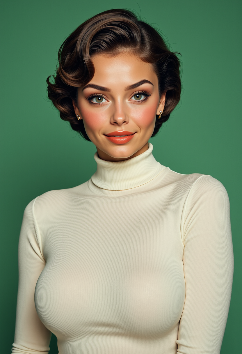 Headshots,masterpiece, a beautiful woman,Hyperrealistic, she is smiling, dynamic angles, multiple angles, photoshoot poses; A photo of Retro flix girl, a woman with short hair, she has massive breasts, a beautiful girl,she is wearing a white turtleneck sweater.she has massive breasts, she has piercing eyes. a dynamic pose and a sense of action. simple green background, and the lighting is soft, creating a dramatic effect, creating a focused and dynamic pose.; the scene is set in a beautiful well-lit environment, with a sense of action and adventure. Style: realistic hyper-detailed rendering, 32k UHD, expressive eyes, punk, graphic design, girl's face, pretty and cute, gleaming lips, telling a tale of adventure. Exuding confidence and serenity. The overall mood of the image is happy and relaxed, detailed skin texture,(blush:0.2),(goosebumps:0.3), subsurface scattering,with a playful and whimsical tone,perfect hand, hand, detailed hand,niji style,retro50s_style,