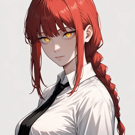 masterpiece, best quality, newest, absurdres, highres, FCOMV1.0, 1girl, makima (chainsaw_man), rehead, red hair, yellow eyes, white shirt,