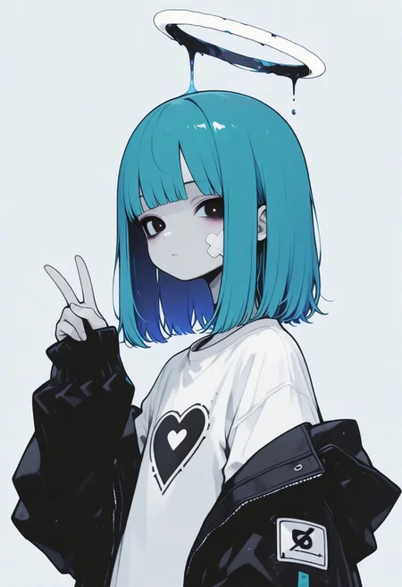 masterpiece, best quality,high quality, newest, highres,absurdres, <lora:Sinozick_style-000019:1>,Sinozick_illu,gradient,spot color, 1girl, solo, jacket, bandaid, shirt, halo, white shirt, looking at viewer, upper body, bangs, medium hair, simple background, bandages, v, black eyes, blue hair, long sleeves, heart, closed mouth, hand up, off shoulder, sleeves past wrists, black jacket,white_theme