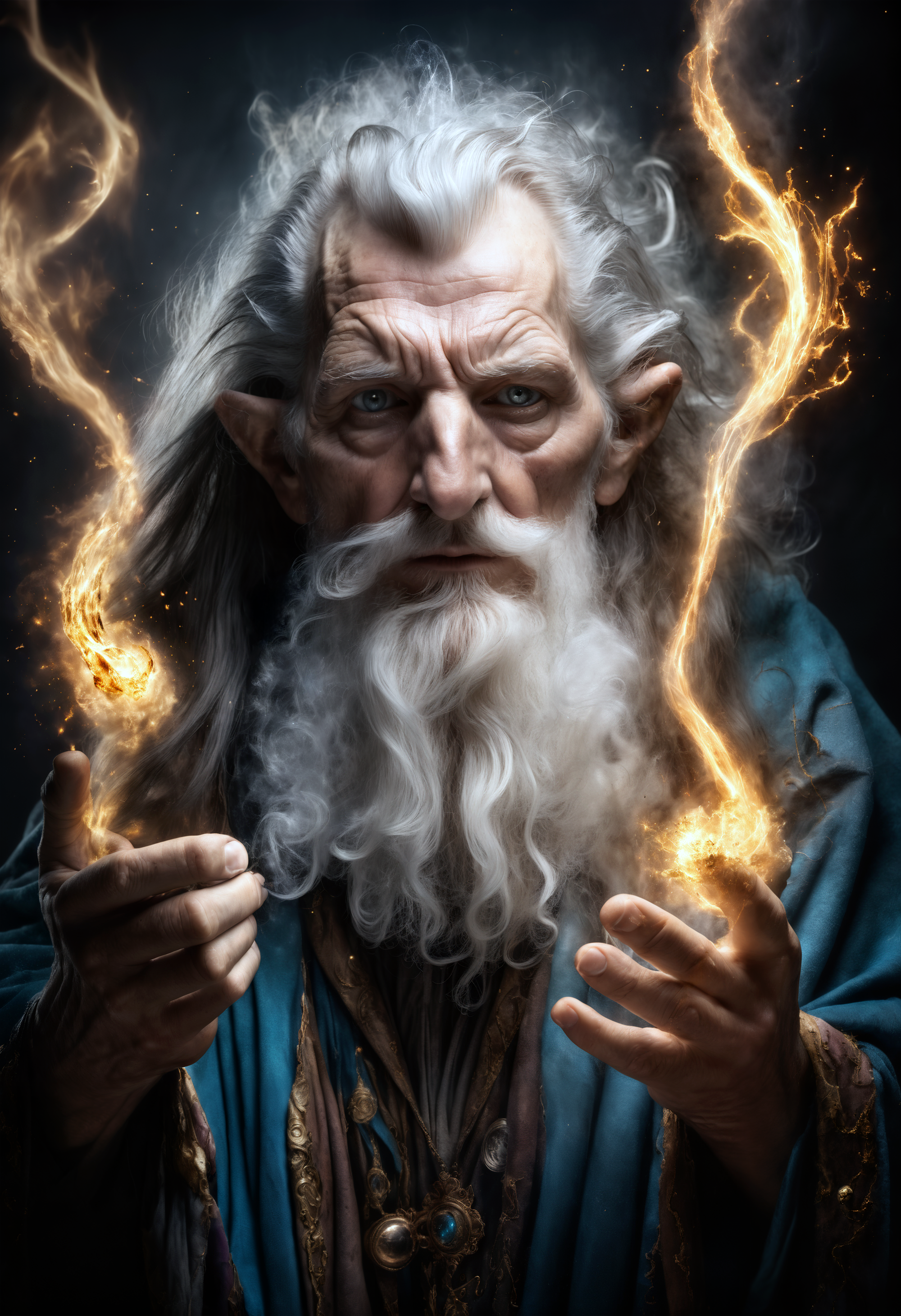 hyperrealistic glamour portrait of an old weary wizard surrounded by elemental magic, arcane, freckles, skin pores, pores, velus hair, macro, extreme details, looking at viewer,
