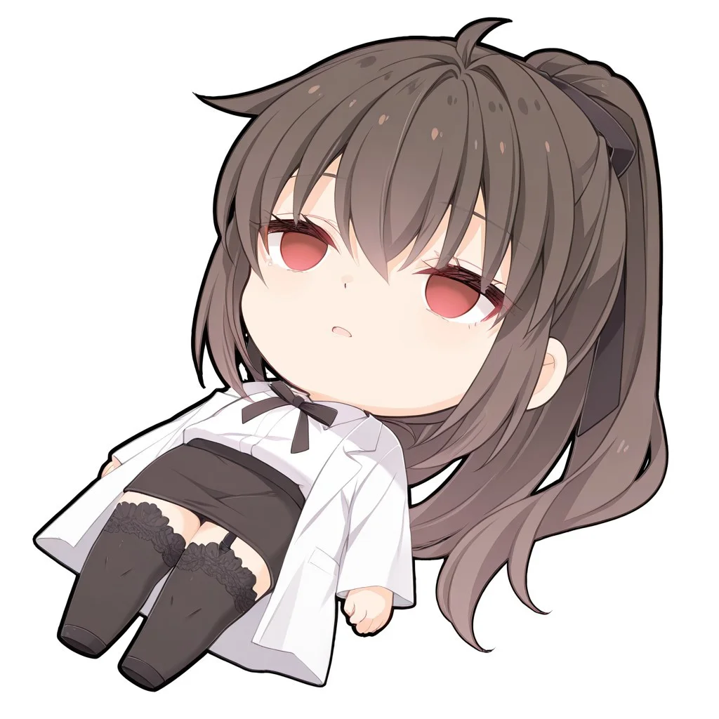 masterpiece, best quality, newest, chibi, full body, lying, on back, empty eyes, solo, 1girl, simple background, white background, UraKanna, red eyes, ponytail, long hair, brown hair, black hair ribbon, lab coat, lace-trimmed thighhighs, black thighhighs