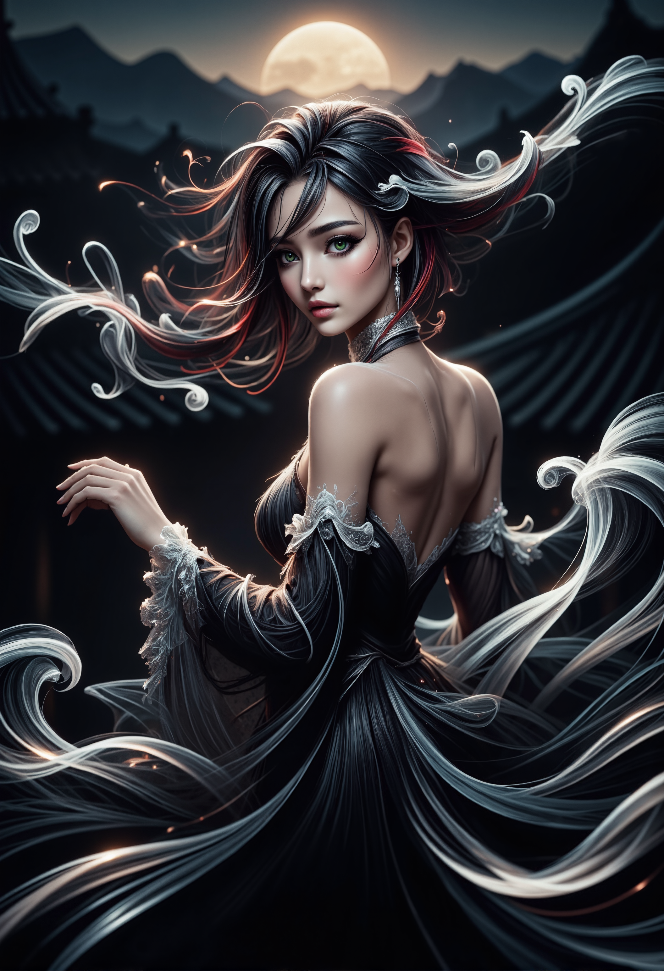 mad-wsps, xslx scribble, detailmaximizer. A medium close-up of a stunning young Asian woman, captured from her shoulders up as she gracefully dances under the full moon. Her delicate, smoky makeup enhances her deep green eyes, giving them an otherworldly glow, while the moonlight accentuates the red shimmer in her deep black hair. Her hair is styled in a traditional Chinese manner, with part of it pinned up and the rest flowing freely. The ornate details of her black dress, adorned with subtle white embroidery along the collar and sleeves, are visible. Behind her, the decorative eaves of the palace rooftop are highlighted by the soft moonlight, adding to the spiritual and mystical atmosphere., <lora:RealisticAnimeFlux_v2.safetensors:1.0:1.0> <lora:Wisps_of_Light_FLUX.safetensors:0.8:0.8> <lora:scribble-flux-v1.safetensors:1.0:1.0> <lora:aidmaImageUpgrader-FLUX-V0.1.safetensors:0.5:0.5>