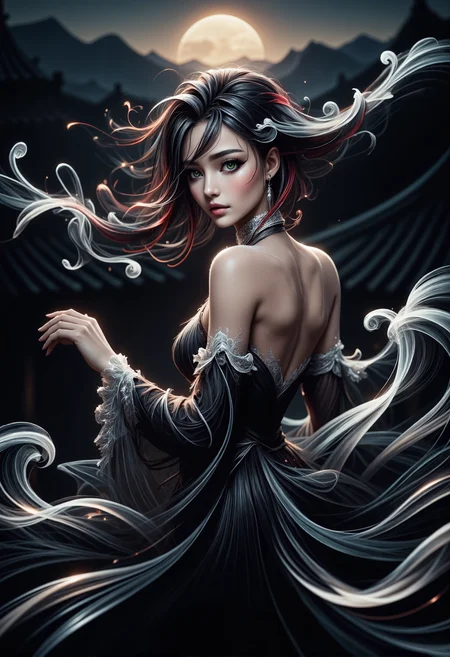 mad-wsps, xslx scribble, detailmaximizer. A medium close-up of a stunning young Asian woman, captured from her shoulders up as she gracefully dances under the full moon. Her delicate, smoky makeup enhances her deep green eyes, giving them an otherworldly glow, while the moonlight accentuates the red shimmer in her deep black hair. Her hair is styled in a traditional Chinese manner, with part of it pinned up and the rest flowing freely. The ornate details of her black dress, adorned with subtle white embroidery along the collar and sleeves, are visible. Behind her, the decorative eaves of the palace rooftop are highlighted by the soft moonlight, adding to the spiritual and mystical atmosphere., <lora:RealisticAnimeFlux_v2.safetensors:1.0:1.0> <lora:Wisps_of_Light_FLUX.safetensors:0.8:0.8> <lora:scribble-flux-v1.safetensors:1.0:1.0> <lora:aidmaImageUpgrader-FLUX-V0.1.safetensors:0.5:0.5>
