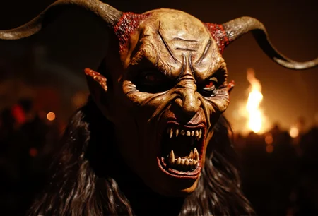 A close-up of a Krampus mask, showcasing elaborate, twisted designs with dramatic backlighting to enhance the mystical atmosphere. The mask is adorned with charred and cracked surfaces, creating a sinister and captivating look. The background features a faintly glowing bonfire, ensuring the mask remains the main focus, in sharp focus with crisp details.<lora:bv-krampus-v1.safetensors:1.0:1.0>