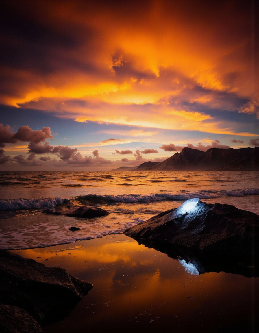The image is a digital art piece that appears to be a landscape photograph of a sunset. The sky is filled with vibrant colors, ranging from deep oranges and reds to lighter pinks and yellows. The sun is partially visible in the center of the image, casting a warm glow over the scene. In the foreground, there is a large body of water that is reflecting the colors of the sky. On the left side of the water, there are two large rocks that are partially submerged in the water. The rocks are dark and jagged, creating a contrast with the bright orange and yellow hues of the sunset. On top of the rocks, there appears to have a faint glow, adding to the mysterious and awe-inspiring atmosphere. <lora:landscape:1>