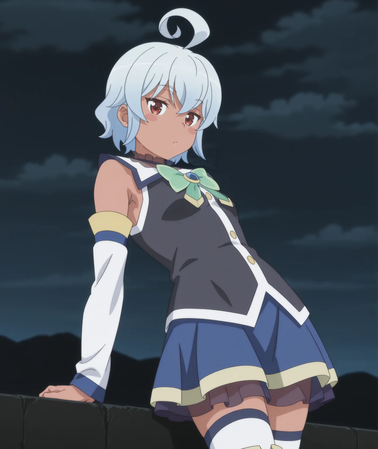 official art, absurdres, highres, anime coloring, hi res, best quality, masterpiece, 2d, intricate details, 4k,
1girl, solo, female, nose, blush stickers, short hair, red eyes, ahoge, white hair, grey hair, dark skin, dark-skinned female,
skirt, thighhighs, bow, bare shoulders, detached sleeves, white sleeves, white thighhighs, zettai ryouiki, blue skirt, cosplay, alternate costume, aqua \(konosuba\) \(cosplay\),
cowboy shot, contrapposto, leaning back, arm support,
(night, darkness, black theme:1.3), depth of field, mountainous horizon, black background, cloud, cloudy sky, <lora:Eris_(Character)_ILXL:1>,