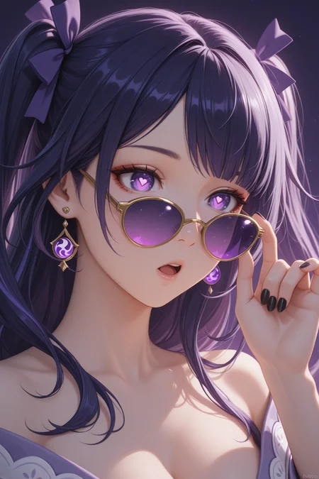 embedding:lazypos, musou isshin (genshin impact), 1girl, :o, adjusting eyewear, artist name, black nails, purple hair, earrings, fingernails, hair ribbon, heart, heart-shaped pupils, jewelry, long hair, parted bangs, gold framed sunglasses, purple tinted lens, portrait, purple background, purple eyes, purple ribbon, ribbon, simple background, solo, symbol-shaped pupils, tinted eyewear, two side up, upper body