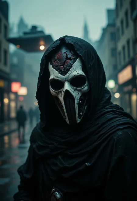 A dystopian, hyper-detailed close-up of a Sith-like figure draped in a dark, tattered cloak, its coarse, weathered fabric etched with the scars of countless battles across the galaxy. The hood is crowned with writhing, shadowy tendrils that seem almost alive—snaking and curling with restless intent, like Sith alchemy made flesh. The figure's face is concealed behind a pale, bone-like mask, its surface cracked and uneven like brittle porcelain exposed to centuries of decay. The mask's hollow eye sockets glow with a faint, crimson hue, evoking a terrifying, predatory awareness, while a jagged, mouth-like grille emits a soft mechanical hiss, reminiscent of ancient breathing apparatuses. The figure's aura crackles with dark side energy—ghostly blue and sickly green arcs of lightning slither across the mask, refracting through the surrounding mist in distorted, unnatural patterns.
The photograph, captured in a vintage dystopian style, appears slightly grainy with muted, desaturated tones dominating the scene. Soft scratches and imperfections mar the image’s surface, evoking the feeling of an artifact recovered from a lost holocron. In the dim background, blurred silhouettes of ruined skyscrapers loom like gravestones, their forms distorted by the swirling mist. High above, a crescent-shaped Star Destroyer hovers, its underbelly aglow with faint, menacing lights. The figure’s posture is one of patient malice, as if it knows the fight is already won.