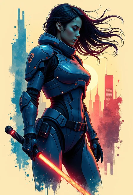 Inkplash art on sepia, blue and black inks, Silhouette Art, magnificent, inksplash poster art, female Japanese sci-fi police officer, flowing black hair, reflective blue and neon red armour, tinted visor, holding an orange beam saber, dynamic pose, abstract sci-fi city background