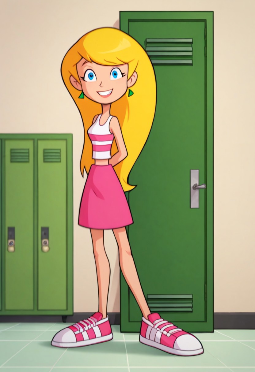1girl, solo, score_6, score_7, score_8, score_9, masterpiece, best quality, highly detailed, sabrina spellman, Sabrina The Animated Series, blonde hair, pret teen, middle schooler, blue eyes, long hair, swept bangs, looking at viewer, smile, earrings, mismatched earrings, standing, indoors, inside of a school hallway lockers, mostly green interior, full body shot, smile, looking at viewer, arms behind back, happy, solo, white tank top, pink stripe, striped tank top, midriff, pink skirt, tight skirt, pink sneakers