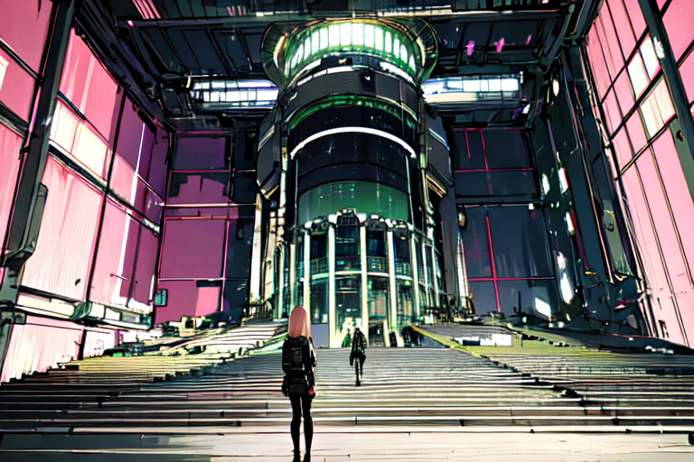 highly insanely detailed, masterpiece, top quality, best quality, highres, 4k, 8k, RAW photo, (very aesthetic, beautiful and aesthetic),  
tsutomu nihei,nihei_tsutomu,blame!,blame gakuen!,abara,TNstyle,sidonia_no_kishi,(hangar,mausoleum,giant room,deep horizon,space,spacecraft,tower,megastructure in background,stairs), 
<lora:ABARA:0.3>, 
(1girl:1.3), 
solo focus, 
blonde background,heavenly pink background,camouflage green background,(colored camouflage background,colored digital glitch background),âââ