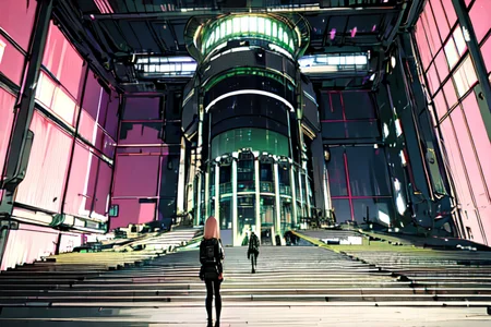 highly insanely detailed, masterpiece, top quality, best quality, highres, 4k, 8k, RAW photo, (very aesthetic, beautiful and aesthetic),  
tsutomu nihei,nihei_tsutomu,blame!,blame gakuen!,abara,TNstyle,sidonia_no_kishi,(hangar,mausoleum,giant room,deep horizon,space,spacecraft,tower,megastructure in background,stairs), 
<lora:ABARA:0.3>, 
(1girl:1.3), 
solo focus, 
blonde background,heavenly pink background,camouflage green background,(colored camouflage background,colored digital glitch background),âââ
