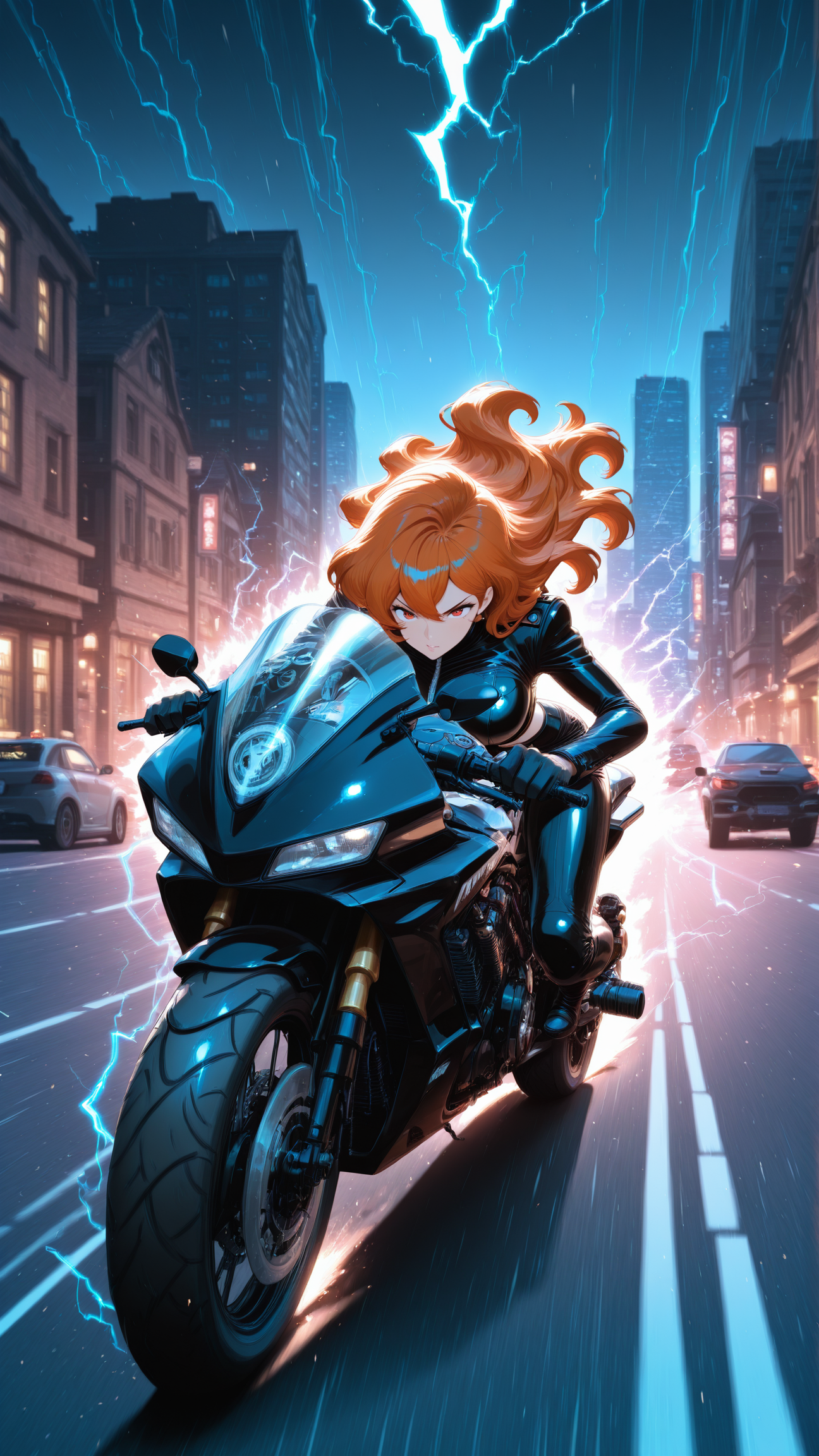 1girl,Fujiko Mine,ground vehicle, motorcycle, on motorcycle, road, city, electricity, speed lines, masterpiece,best quality,amazing quality,very aesthetic,