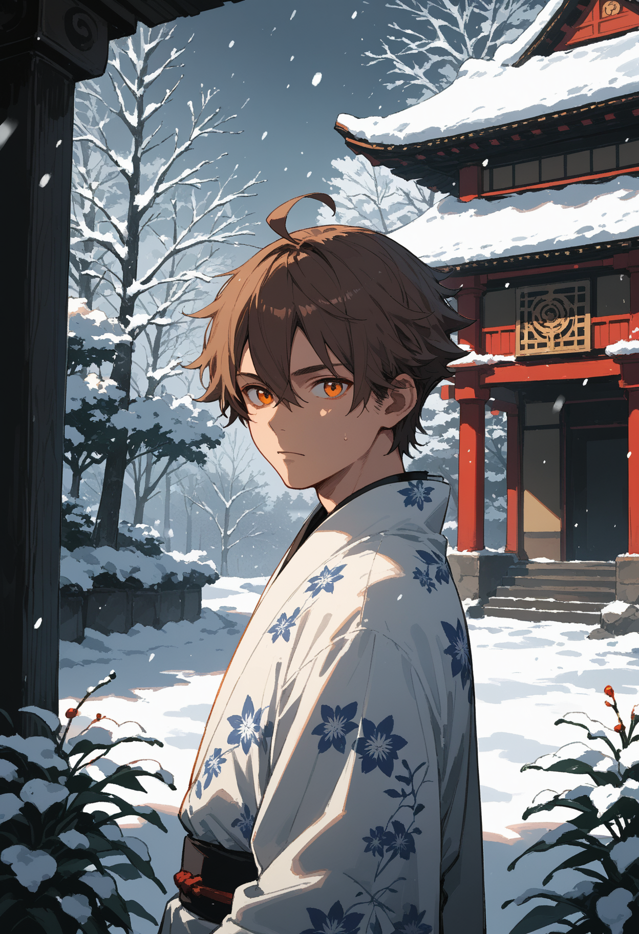 score_9, score_8_up, score_7_up,source_anime,1boy,solo,brown hair,pompadour hairstyle,hair between eyes,ahoge hair,orange eyes,perfecteyes,eyebrows,white kimono,blue lining,floral print,snow,snowing,japanese temple behind him,trees,plants,looking at viewer,from the side,sinozick,flat colors