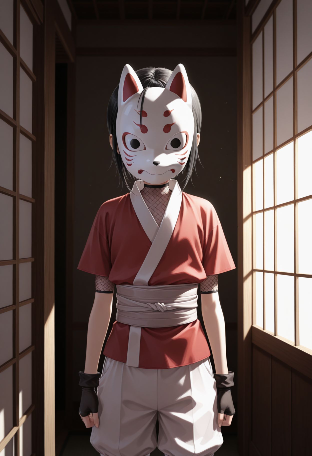 masterpiece,best quality,absurdres,highres,very aesthetic,high quality,detailed,insanely detailed,beautiful,perfect lighting, looking at viewer,
  <lora:Rindou llu:1>1girl, fox mask, fishnets, ninja, black hair, asa no ha (pattern), white shorts, fingerless gloves, japanese clothes, fishnet top, short hair, black eyes, sash