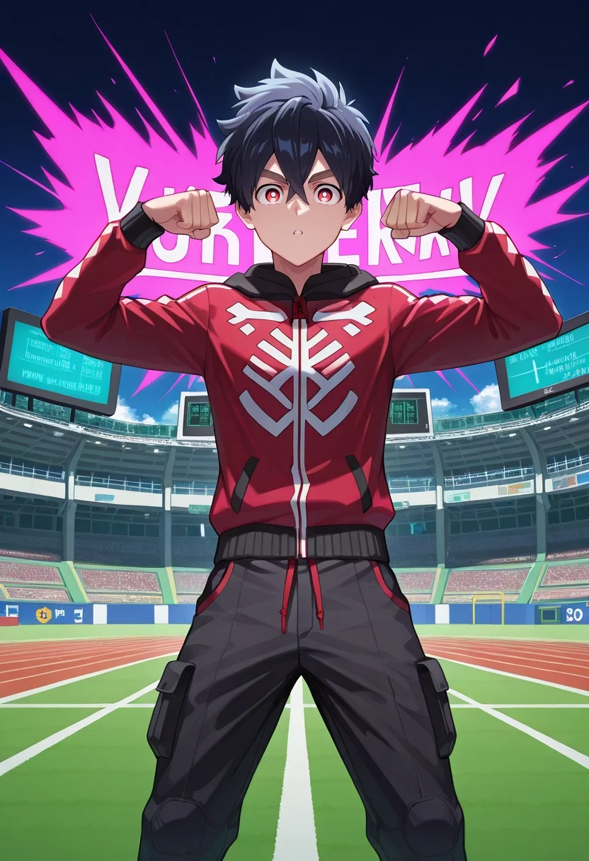 masterpiece, best quality, , , , 1boy, solo, male focus, <lora:kabane_kusaka_ilxl:0.98>, kabane_kusaka, black hair, red eyes, short hair, hair between eyes, kusaka kabane, , sports field, freshly painted lines, cheering fans, glowing scoreboard, playing pose, determined expression, vibrant energy, Cargo pants with zip-off legs, Argyle Fleece pullover, , ,