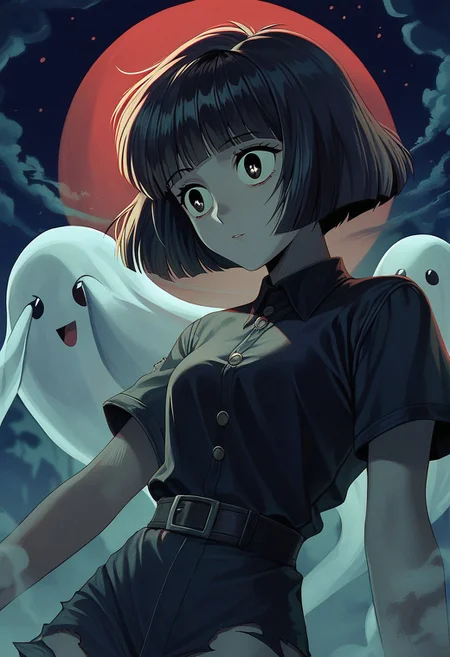 score_9, score_8_up, score_7_up, SLVTK, 1girl, halftone effect, retro artstyle, ghosts, haunted house, short hair, black hair, black eyes, bob cut, bangs, blunt bangs, polo shirt, collared shirt, short sleeves, torn clothes, night, fog, detailed eyes, round eyes, round pupils,