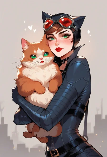 score_9, score_8_up, score_7_up, score_6_up, <lora:p3tl0v3XLP:1> p3tl0v3, 1girl, catwoman, green eyes, mask, lipstick, grey bodysuit, belt, black elbow gloves, boots, hugging a kitten,