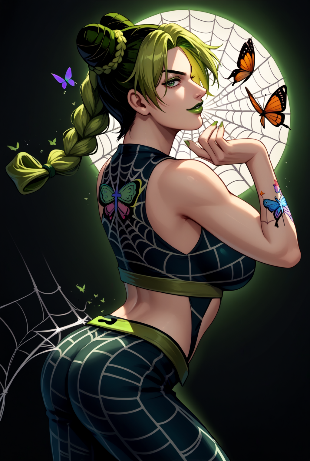 score_9, score_8_up, source_anime  BREAK solo, cowboy shot, looking at viewer,
<lora:JolynePdxlDwnsty:1>, kjolyne, green eyes, two-tone hair, green hair, black hair, double bun, braided bun, braided ponytail, green lips, lipstick, make up, green nails, nail polish, joestar birthmark, tattoo, butterfly, spider web print, midriff,
large breasts, curvy, smirk, pose, hand up, head back, contrapposto,  from side, ass, profile,
abstract background, spider web, spiral, light particles, dust, sunbeam, cinematic lightning, aura,
<lora:nai3_check2:0.8>
