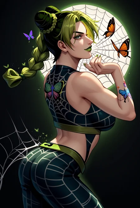 score_9, score_8_up, source_anime BREAK solo, cowboy shot, looking at viewer,
<lora:JolynePdxlDwnsty:1>, kjolyne, green eyes, two-tone hair, green hair, black hair, double bun, braided bun, braided ponytail, green lips, lipstick, make up, green nails, nail polish, joestar birthmark, tattoo, butterfly, spider web print, midriff,
large breasts, curvy, smirk, pose, hand up, head back, contrapposto, from side, ass, profile,
abstract background, spider web, spiral, light particles, dust, sunbeam, cinematic lightning, aura,
<lora:nai3_check2:0.8>