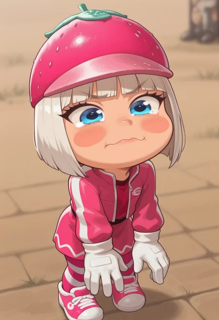 [#👧]side_light,4k,(masterpiece:1.4),(best quality:1.4),(high resolution:1.4),Ultra HD,HDR,(hyperdetailed),smooth lighting,source_anime,very aesthetic,intricate details,intense,highres,vibrant colors,detailed_shadows,detailed_reflections,high-quality textures,depth of field,good shading,studio quality,epic lighting,digital illustration,path_tracing,rtx_on_styled_lighting_and_reflections,<lora:add-detail-xl:1>,looking at viewer,unblurred,perfect composition,intricate details,incredibly absurdres,
[ONLY1girl,solo,petite,female,short stack,Taffyta Muttonfudge,taffytawir,tan skin,rosy cheeks,\(Disney©\),Wreck-It Ralph (series),show accurate proportions,emotions,alive,soul,confident,lifeful,aqua_crying_meme,<lora:AquaCrying:0.8>,tearing up,:3,😭,long eyelashes,thick eyelashes,dark eyeliner,absolutely eye-catching,anatomically correct,"glossy pink lips,juicy lips,thin lips","expressive eyes,ultra-detailed-eyes,detailed blue eyes,perfect eyes","white hair,short hair,blunt bangs,platinum lightly blonde hair,bob cut,bangs covering forehead","pink headwear,rosted magenta strawberry-themed cap",pink racing jacket,lighter frosted pink dress,white-and-pink-striped leggings,matching sneakers,"detailed white gloves,racing gloves,perfect detailed fingers,5 fingers"]