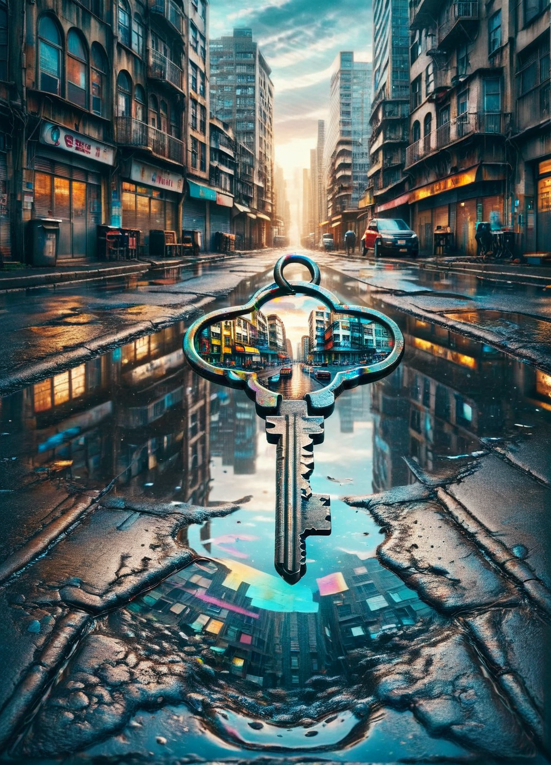 An ais-trnshd key lying in a puddle reflecting a vibrant cityscape <lora:ais-trnshd-sdxl:1>