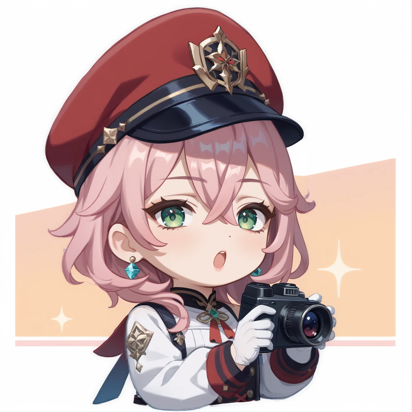 score_9, score_8_up, score_7_up, rating_safe, zPDXL2, zPDXLxxx, zPDXL3, source_anime, <lora:GenshinChibi:1.2>,
GenshinChibi, chibi, 1girl, solo, looking at viewer, open mouth, bangs, gloves, long sleeves, hat, holding, hair between eyes, jewelry, green eyes, upper body, pink hair, earrings, white gloves, peaked cap, red headwear, two-tone background, monocle, holding camera