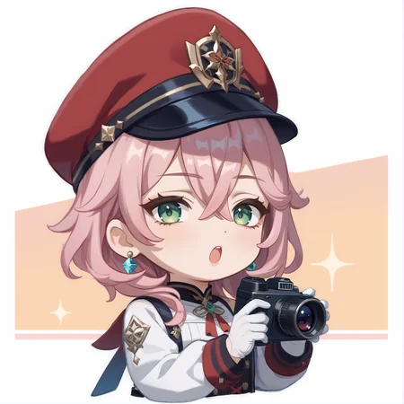 score_9, score_8_up, score_7_up, rating_safe, zPDXL2, zPDXLxxx, zPDXL3, source_anime, <lora:GenshinChibi:1.2>,
GenshinChibi, chibi, 1girl, solo, looking at viewer, open mouth, bangs, gloves, long sleeves, hat, holding, hair between eyes, jewelry, green eyes, upper body, pink hair, earrings, white gloves, peaked cap, red headwear, two-tone background, monocle, holding camera