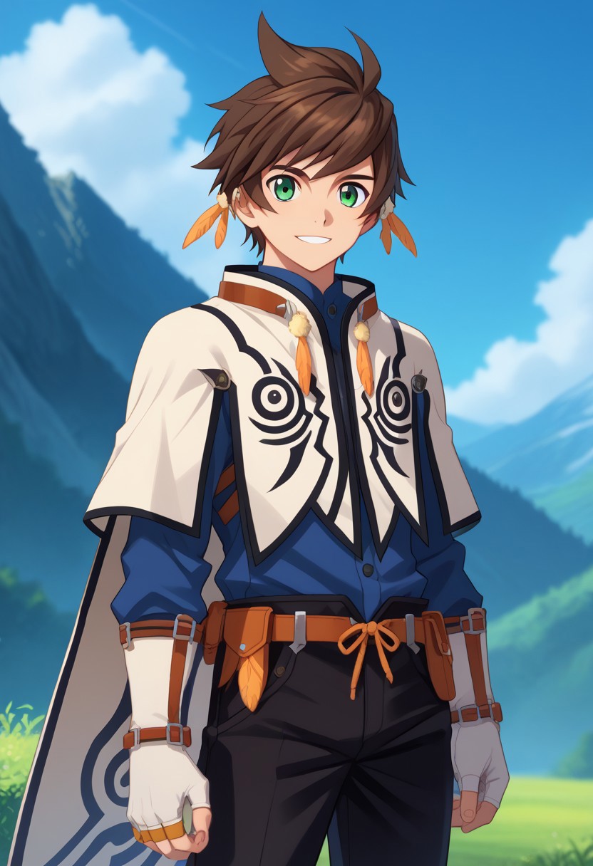 score_9, score_7_up, source_anime
sorey, 1boy, male focus, solo, green eyes, brown hair, short hair, jewelry, earrings, feathers, feather earrings, shirt, blue shirt, long sleeves, cape, white cape, gloves, white gloves, fingerless gloves, bracelet, belt, pants, black pants, smile
outdoor, nature, mountains, sky,