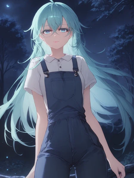 score_9,score_8_up,score_7_up,score_6_up, by toosakaasagi, <lora:Toosaka-Asagi-Style-PonyXL-000036:1>, source anime, <lora:Blacksouls-PonyXL-1024px-v1.1:0.6>, <lora:Pony_DetailV2.0:1>, anime coloring, pixiv, <lora:tgm-xl-a3.1:0.7>, 
detailed background, night, dark background,
1girl, solo, cowboy shot, looking at viewer,
outdoors, night, tree,
long hair, aqua hair, hair between eyes, sidelocks, ahoge,
blue eyes, brilliant eyes, tsurime, thick eyelashes, long eyelashes, (black eyelashes:1.3),
closed mouth, smile, parted lips, pink lips,
small breasts, school uniform, overalls,