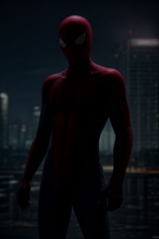 Spider-Man in a red and blue suit on the background of a night city. He stands surrounded by cobwebs and looks directly at the viewer