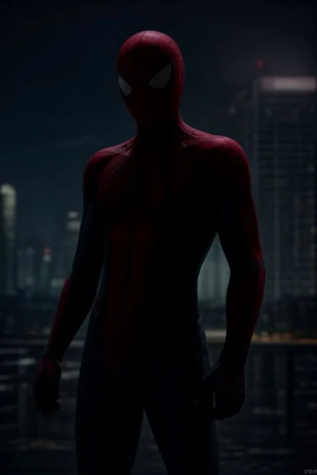Spider-Man in a red and blue suit on the background of a night city. He stands surrounded by cobwebs and looks directly at the viewer