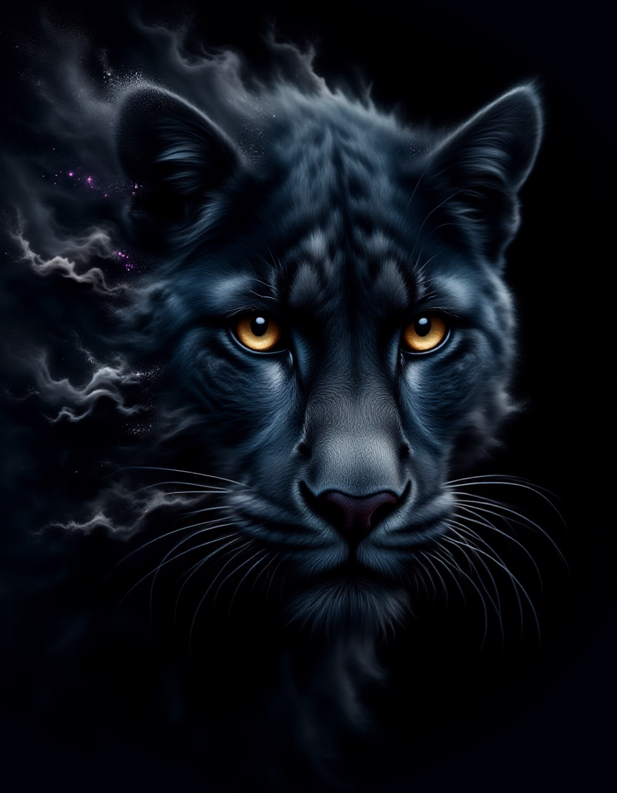 A close-up of a sleek black panther, its intense golden eyes glowing in the dim light of the jungle. The edges of its fur begin to fragment in a ral-dissolve effect into swirling black smoke and faint sparks of deep purple. The dissolve flows outward like wisps of shadow, blending seamlessly into the dark, mysterious surroundings. The sharp contrast between its lifelike gaze and the flowing abstraction adds a sense of untamed power.
 <lora:ral-dissolve-flux_000005000:1>