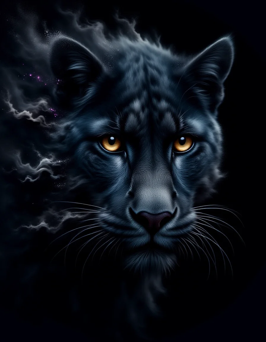 A close-up of a sleek black panther, its intense golden eyes glowing in the dim light of the jungle. The edges of its fur begin to fragment in a ral-dissolve effect into swirling black smoke and faint sparks of deep purple. The dissolve flows outward like wisps of shadow, blending seamlessly into the dark, mysterious surroundings. The sharp contrast between its lifelike gaze and the flowing abstraction adds a sense of untamed power.
<lora:ral-dissolve-flux_000005000:1>