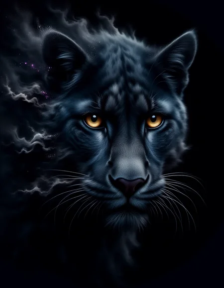 A close-up of a sleek black panther, its intense golden eyes glowing in the dim light of the jungle. The edges of its fur begin to fragment in a ral-dissolve effect into swirling black smoke and faint sparks of deep purple. The dissolve flows outward like wisps of shadow, blending seamlessly into the dark, mysterious surroundings. The sharp contrast between its lifelike gaze and the flowing abstraction adds a sense of untamed power.
<lora:ral-dissolve-flux_000005000:1>