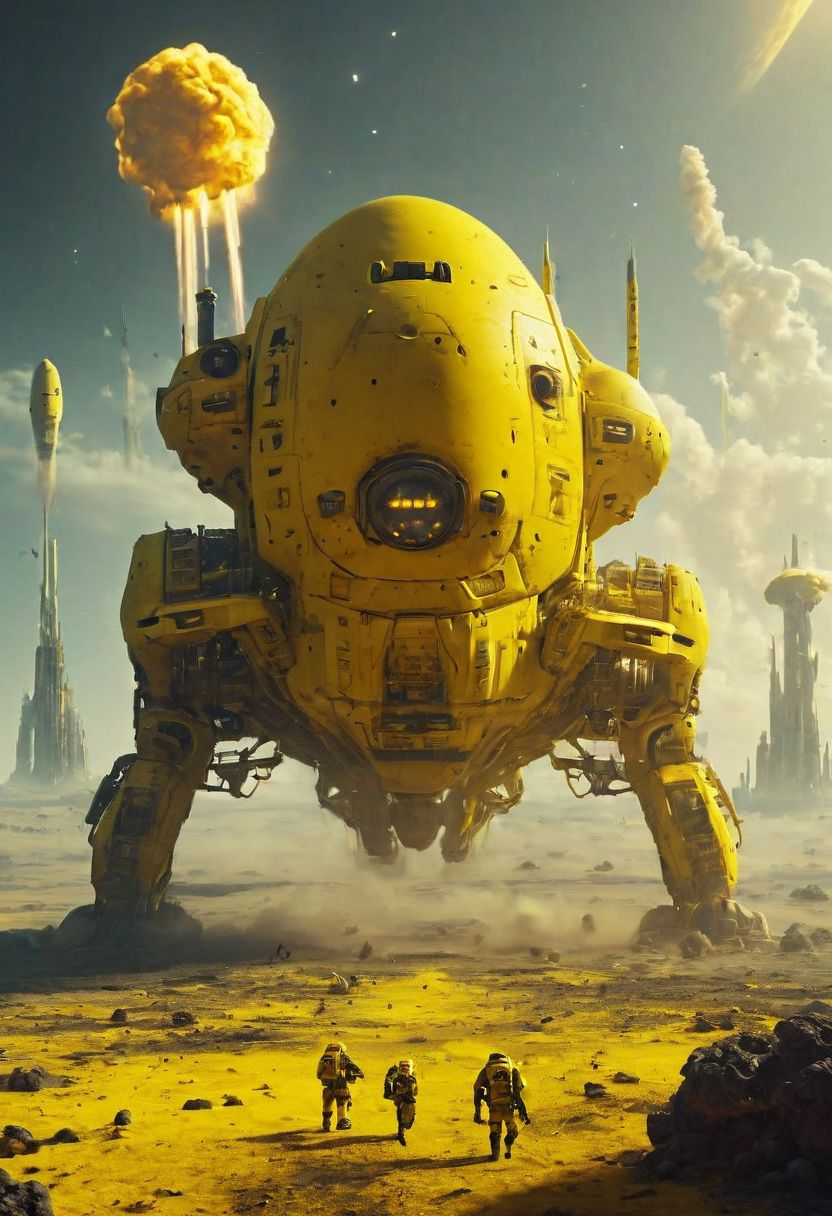 a four meter tall yellow drdnght machine with rocket launcher and flamethrower walks across an alien battlefield searching for enemies, rockets streak across the sky and explode into the closeup of planets surface