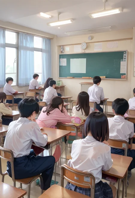 score_9, score_8_up, score_7_up, rating_safe, masterpiece, best quality, absurdres, unity 8k wallpaper, official art, official style, source_anime, uncensored, game cg, megami magazine,
kyoshitsu, 6+boys, classroom, indoors, multiple boys, school desk, school uniform, school, sitting, chalkboard, window, black hair, multiple girls, curtains, ceiling light, shirt, short hair, school chair, white shirt, realistic, photo background, photo (medium), photorealistic, from behind
<lora:gakkou_kyoshitsu_PONY_V1:1>