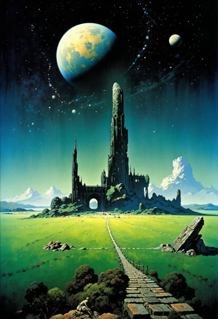Frank Frazetta sci-fi oil  painting of a panorama view, prehistoric megalithic structure in a vibrant green field, it is midnight and illuminated by a full moon, several other moons and alien planets fill the star filled sky, a classic gothic baroque fantasy art painting with vibrant colors, digital artwork, illustrative, painterly, matte painting, highly detailed, atmospheric haze, panoramic zoomed out view, highly dramatic lighting