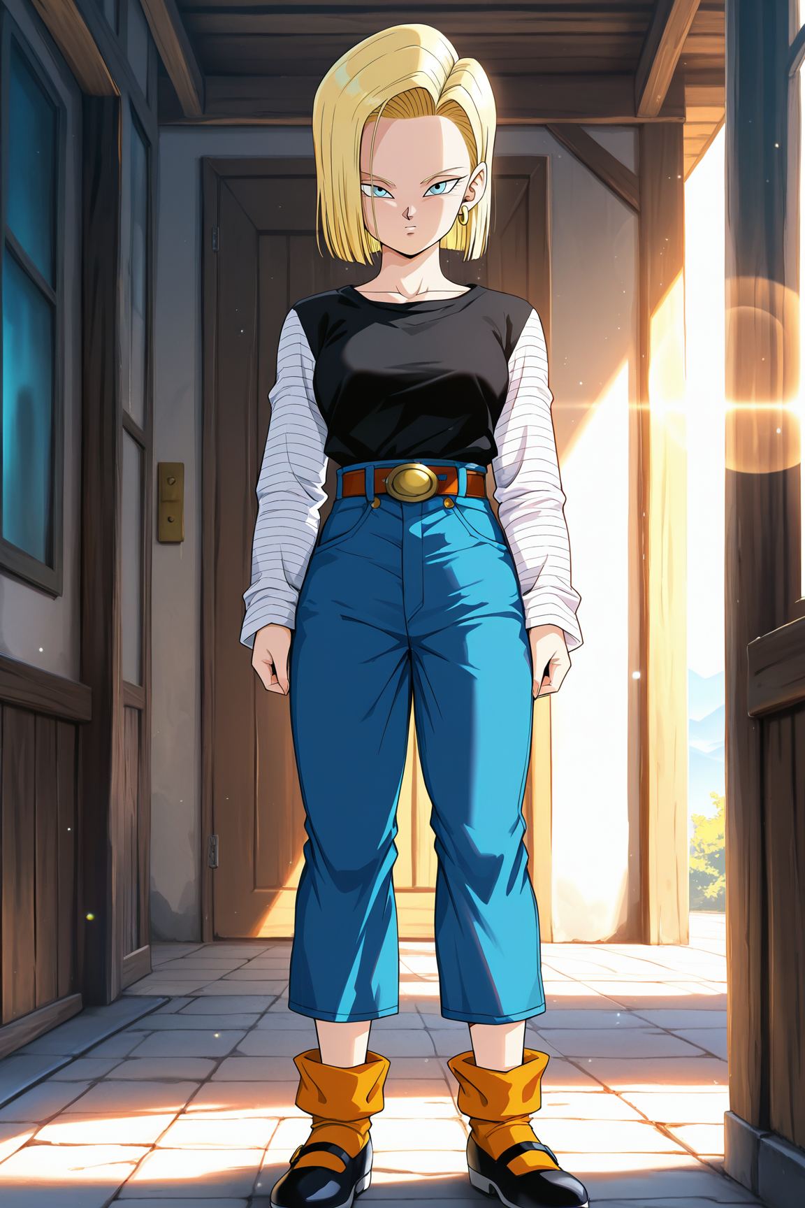masterpiece, best quality, amazing quality, very aesthetic, absurdres, newest, (scenery, volumetric lighting), dappled sunlight, light particles, light rays, lens flare, android 18, buu_saga, 1girl, solo, looking at viewer, short hair, blue eyes, blonde hair, shirt, long sleeves, jewelry, standing, full body, earrings, striped, belt, pants, black shirt, denim, jeans, striped sleeves, high-waist pants, blue pants, white sleeves, mary janes, loose socks, orange socks, black footwear <lora:android_18_v3-10:0.8>